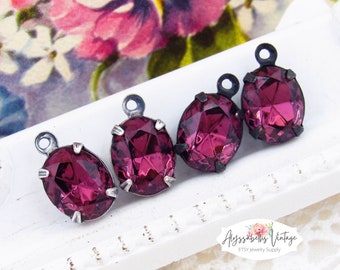 Vintage Austrian Amethyst Oval Rhinestone 10x8mm Charms Single Set in Raw Brass, Black, Silver or Brass Ox Drop or Connector Settings – 2