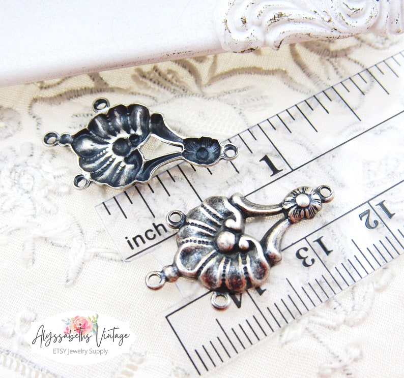 Ornate Antiqued Silver Ox Victorian Shell Floral Brass Chandelier Earring Connectors 4 rings 27x15mm 4 image 2