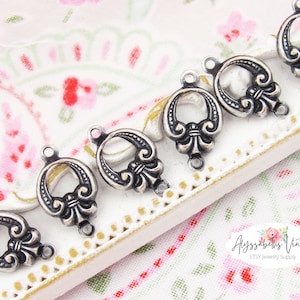 Ornate Antique Silver Victorian Art Deco Fleur de Lis Connectors 2 Ring Round Silver Ox Plated Earring 16x9mm Links - 6