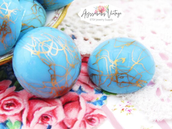 SALE Vintage Retro Opaque Aqua Turquoise and Gold Drizzle Glass Cabochons 20mm Round West German Flat Back Stones - 4