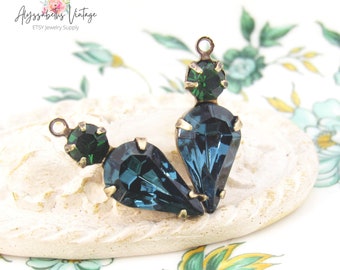 Vintage Austrian Montana Blue & Green Tourmaline Rhinestone Spike Drop Holiday Glam Dangles 21x8mm Brass, Black, Antique Brass / Silver - 2