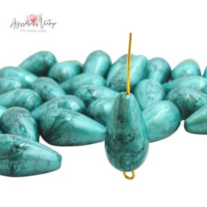 Vintage Auqa Marbled Acrylic Teardrop Beads 20x11mm Pear Shiny Turquoise Plastic Drop Beads - 10 Beads