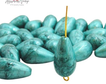 Vintage Auqa Marbled Acrylic Teardrop Beads 20 x 11 mm Pear Shiny Turquoise Plastic Drop Beads - 10 Beads