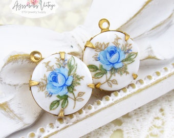 Vintage Blue Rose Limoge Cabochons 13mm Round Set Cabochon Charms Vintage Japanese Flower Glass Cabochons in Settings or Loose - 2