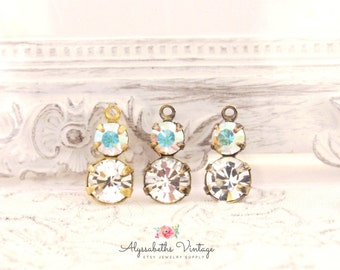 Small Double Clear Crystal & AB Crystal Rhinestone Drops 14x7mm Charms Brass, Brass Ox or Antique Silver Setting - Pair