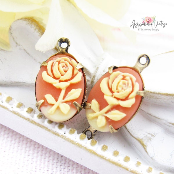 Carnelian and Cream Rose 14x10mm Cameo Charms or Connectors, Resin Flower Cameo Set Cabochons - Pair