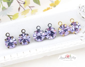 6mm Single Set Purple Violet Crystal Rhinestone Drop or Connector Raw Brass, Antique Brass or Antique Silver - 6