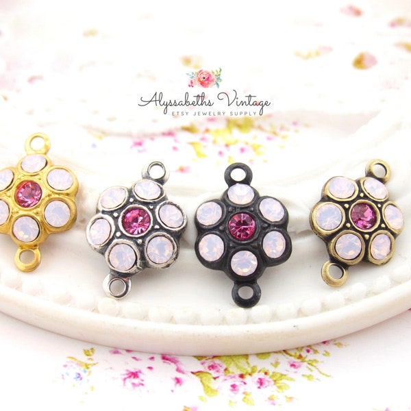 Round Cluster Rose Water Opal & Rose Pink Rhinestone Spring Flower Charms or Connectors 15x10mm Brass, Black or Silver / Brass Ox Settings