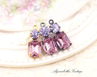 Vintage Austrian Light Amethyst Octagon Stone & Alexandrite Purple Rhinestone Earring Dangle, 16x6mm Set Rhinestone Charms - 2