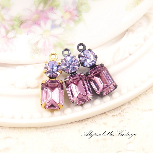 Vintage Austrian Light Amethyst Octagon Stone & Alexandrite Purple Rhinestone Earring Dangle, 16x6mm Set Rhinestone Charms - 2