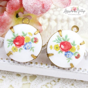 Vintage 18mm Round Pastel Rose Floral Bouquet Limoge Porcelain Cabochon Pendants in Brass Settings or Cabs Only - Pair