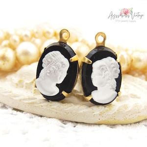 Charms o eslabones de camafeo vintage de resina de cristal negro azabache y mate de 14 x 10 mm, cabujones de plástico sin engarzar con silueta femenina neoclásica (par)