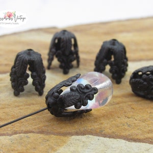 Ornate Aged Black Patina Victorian Leaf & Scroll Filigree Long Bead Caps, Bead Cones, Antiqued Black Tassel Ends 12mm Tall - 4