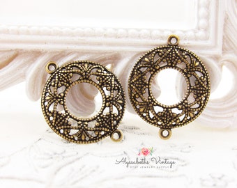 Round Ornate Antique Brass Filigree Connectors, Open Dapped Center Lace Work Brass Ox Circle Earring Findings Button Settings - 4