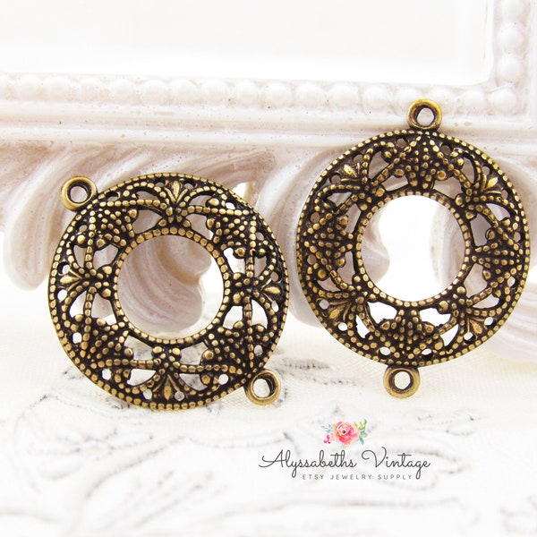 Round Ornate Antique Brass Filigree Connectors, Open Dapped Center Lace Work Brass Ox Circle Earring Findings Button Settings - 4