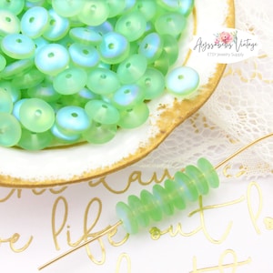 Vintage AB Mint Green 6mm Smooth Frosted Glass Druk Rondelle Beads, Little 6x2mm Spacer Beads - 40