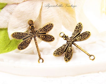 Ornate Embossed Victorian Antiqued Brass Ox Dragonfly 2 Ring Connectors 17x17mm – Set of 4
