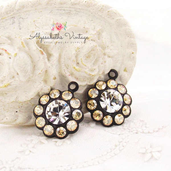 Österreichische Honig Gold & klare Kristall Strass Runde Blume Tropfen 1 Ring 16 x 13 mm Antik Silber, Schwarz oder Messing Charm Einstellungen - 2