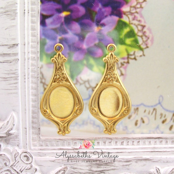 Raw Brass Art Nouveau Floral Earring Dangles 28x13mm with 10x8mm Oval Cabochon Cameo Bezel Settings - 4