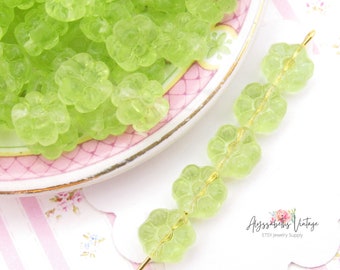 Small Transparent Peridot Blossom Beads, 8mm Czech Pressed Bright Green Glass Daisy Flower Beads - 20