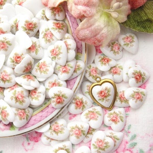 Vintage roze roos Limoge glazen hart cabochons 11 x 10 mm platte achterkant Valentine Floral Cabs - 4