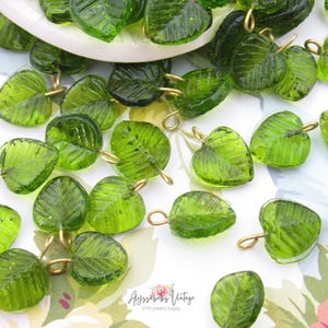 Peridot Green Glass Leaf Bead with Loop 13x12mm, Pressed Glass Transparent Pressed Glass Leaf Charms - 8