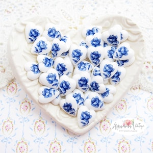 Vintage Delft Blue Rose Limoge Glass Heart Cabochons 11x10mm Flat Back Valentine Floral Cabs - 4