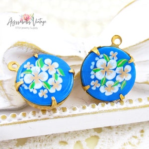 Vintage Aqua Blau mit Weiß Floral 13 mm Glas Set Cabochon Charms, Vintage japanische Blume Button Top Cabochons in Einstellungen oder lose - 2