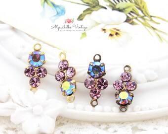 Petite AB Amethyst & Crystal Light Amethyst Rhinestone Cluster Connectors 15x6mm Raw Brass, Black, Brass or Silver Ox 2 Ring Links
