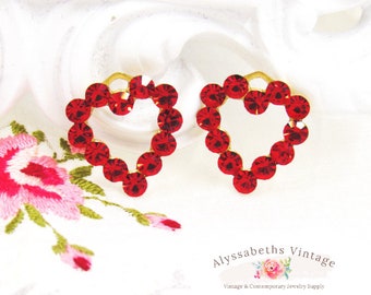 Romantic Valentine Ruby Red Rhinestone Heart Charms or Pendants, Light Siam Bridal Heart Earring Dangles 19mm - Pair
