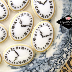 Cabochons vintage steampunk cadran 18 x 13 mm montre ovale en plastique, peinture cabine dos plat pierre - 2