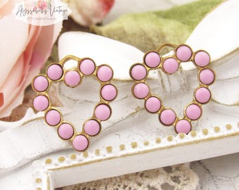 Romantic Valentine Opaque Pink Rhinestone Heart Charms or Pendants, Heart Earring Dangles 19mm - Pair