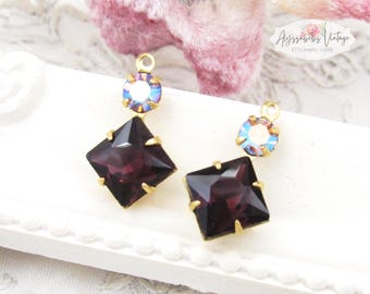 Purple Amethyst Square & AB Light Amethyst Rhinestone Set Stone Earring Dangles 18x11mm Raw Brass 1 Ring Drops - Pair