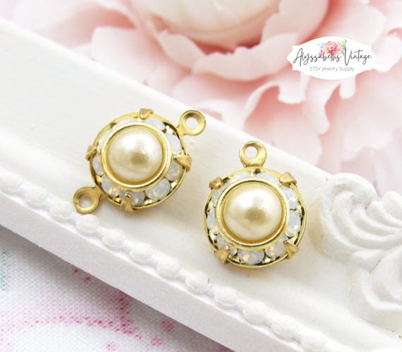 Vintage Swarovski White Opal & Ivory Pearl Layered 11mm Round Set Stone Drops or Connectors 47ss Prong Settings - Pair