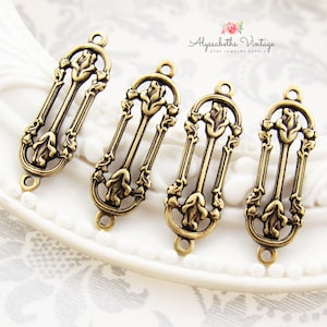 Arts & Craft Style Antique Brass Double Rosebud Connectors 23mm Long Aged Brass Ox Victorian Floral 2 Ring Links - 6