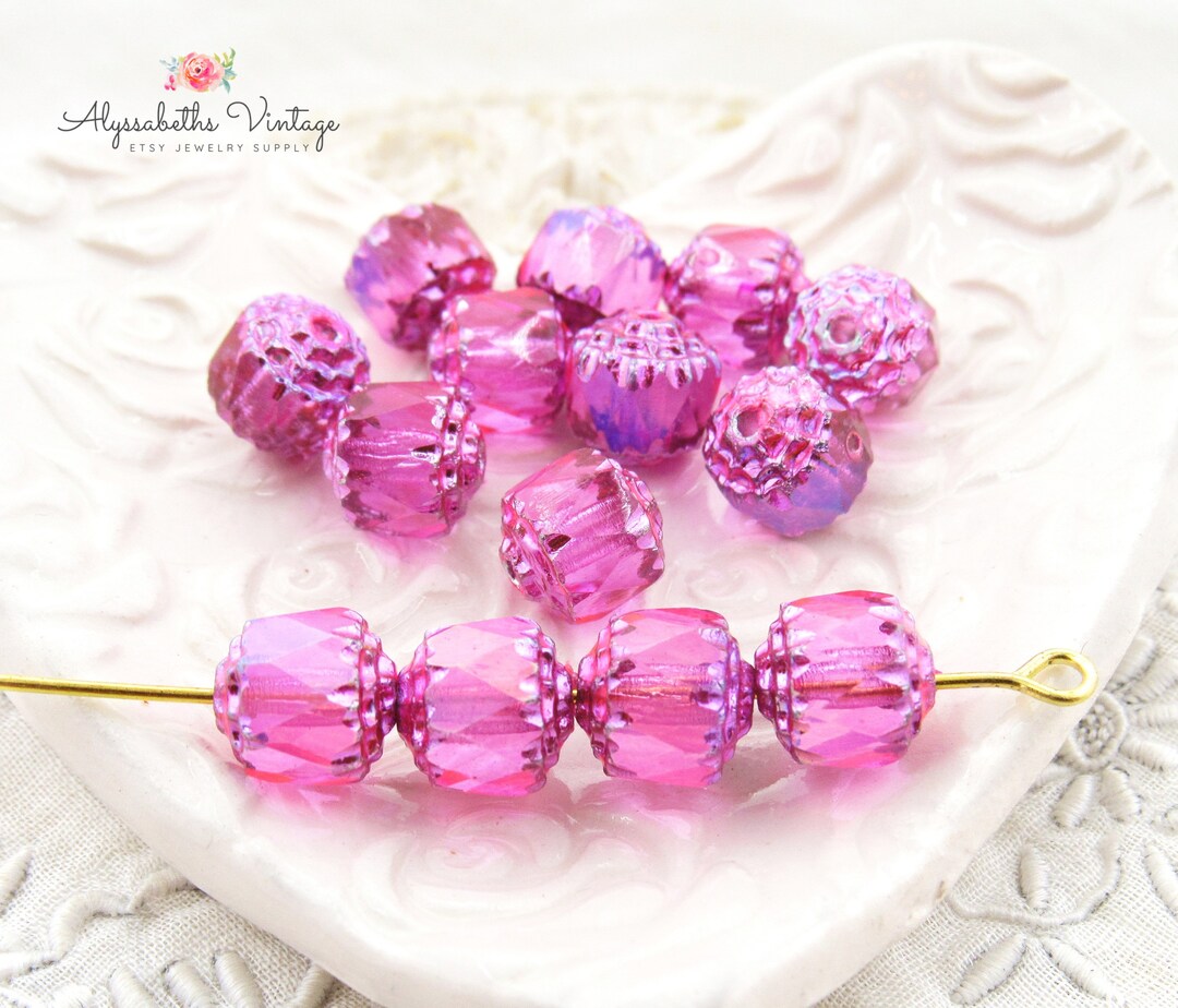 Iridescent 8mm AB Fuchsia Cathedral Czech Glass Beads - Pressed