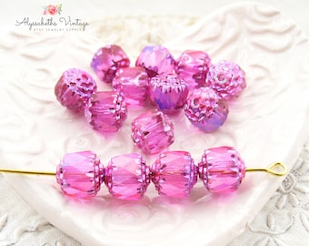 Iridescent 8mm AB Fuchsia Cathedral Czech Glass Beads - Pressed