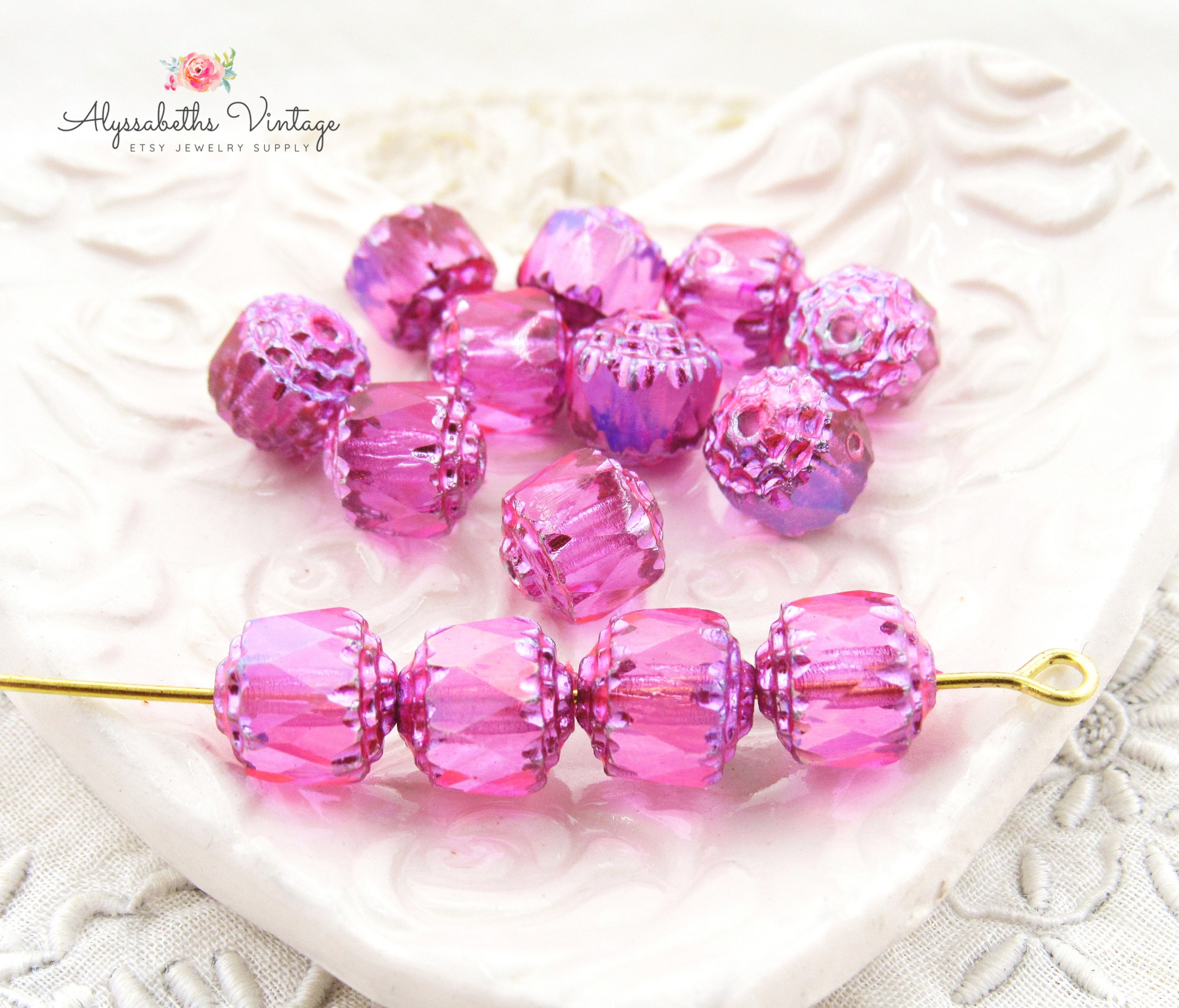 Iridescent 8mm AB Fuchsia Cathedral Czech Glass Beads - Pressed