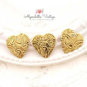 Small Floral & Leaf Embossed Heart Charms Drops in Raw Brass Flower Engraved Stampings 14x12mm - 6