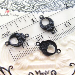 Ornate Antique Black Victorian Art Deco Fleur de Lis Connectors 2 Ring Round Aged Patina Earring 16x9mm Links 6 image 4