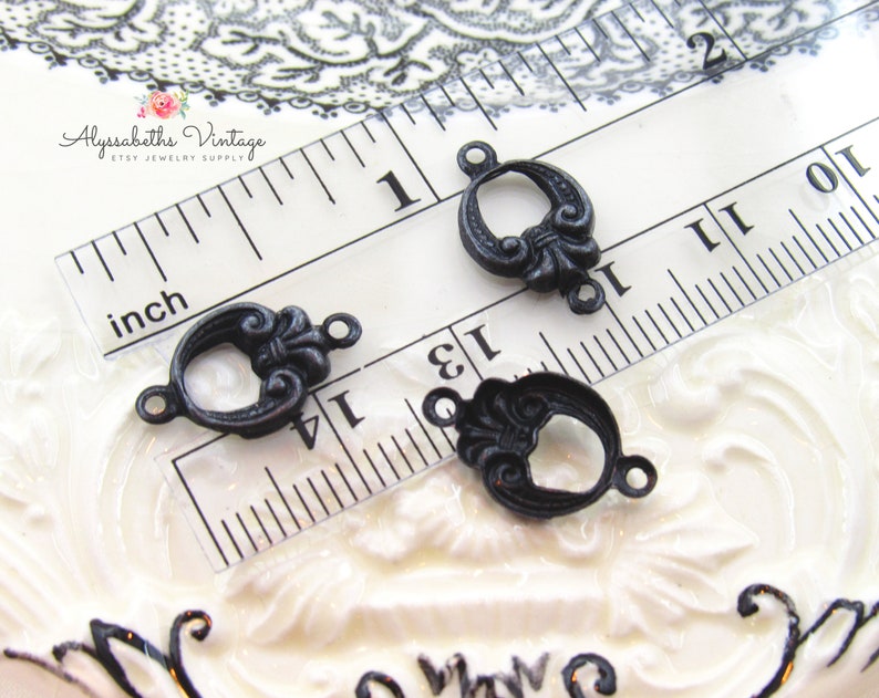 Ornate Antique Black Victorian Art Deco Fleur de Lis Connectors 2 Ring Round Aged Patina Earring 16x9mm Links 6 image 4