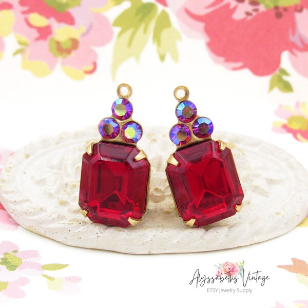 Vintage österrikiska Siam röda oktagon & AB fuchsia strass droppar 21 x 10 mm örhängen, mässing, antik silver eller mässing oxinfattning - 2