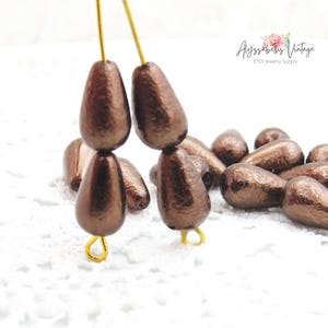 Cocoa Textured Pearl Teardrop Beads 12x7mm Ice Pearlized Glass Pear Beads Dark Chocolate Brown Bumpy Beads - 10