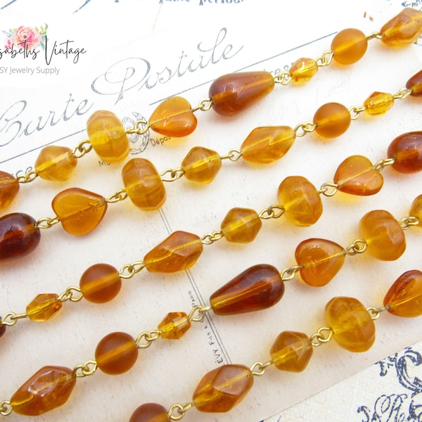 Fancy Honey Topaz Fancy Mixed Czech Glass Bead Chain, Ginger and Brown Alternating Glass Beaded Rosary Chain with Gold Plate Links - 1 Ft.