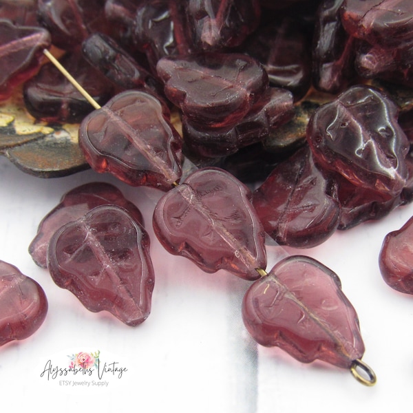 Dark Amethyst Leaf Beads 12x10mm Czech Glass Transparent Purple Birch Leaves -10