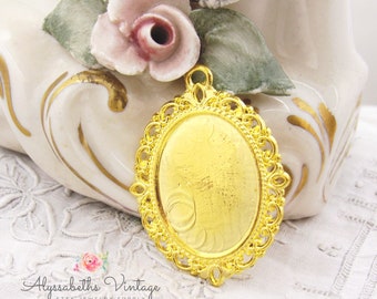 Ornate Gold Plated 25x18mm Oval Pendant Cameo Settings, Gold Filigree Bezel Cabochon Settings - 2