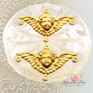 Victorian Cherub Chandelier Earring Connectors Raw Brass Angel Wings Stampings 4 Ring Findings - 4