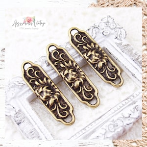Ornate Floral & Scroll Embossed Art Nouveau Antiqued Brass Ox 2 Loop Bar Connectors 27x7mm Aged Brass Findings - 4