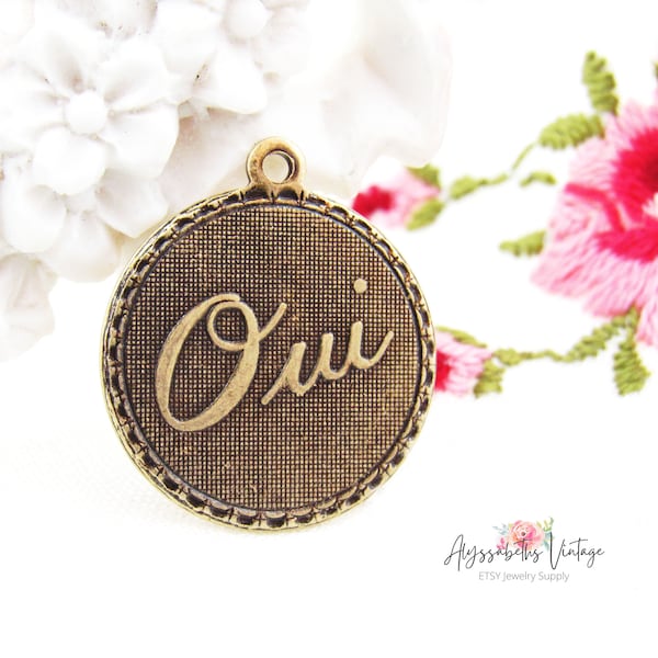 French Chic Romantic Antiqued Brass Ox Oui Yes  Charm Word Pendant 19mm Round - 4