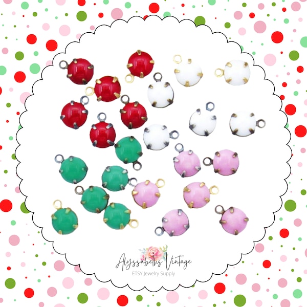 Vintage Austrian Glass Polka Dot Stone Drops, 6mm Single Set Smooth Top Charms or Connectors Opaque Green, Red, Pink or White - 6